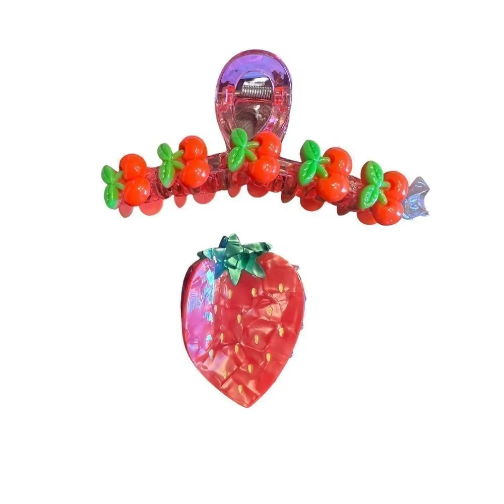 7 piece hair clips cherry hearts strawberries girls claw elastic ties loops